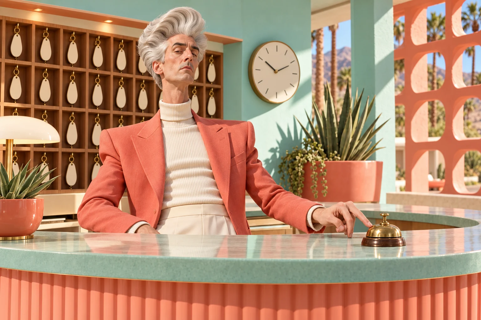 Rody behind the curved motel reception desk, with a polished brass bell and rows of room keys behind him.